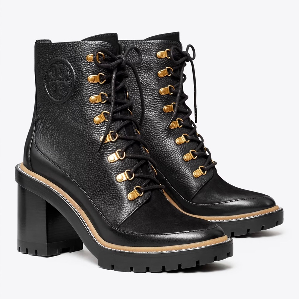 Tory Burch Black Lace Up Boots with Gold Accents